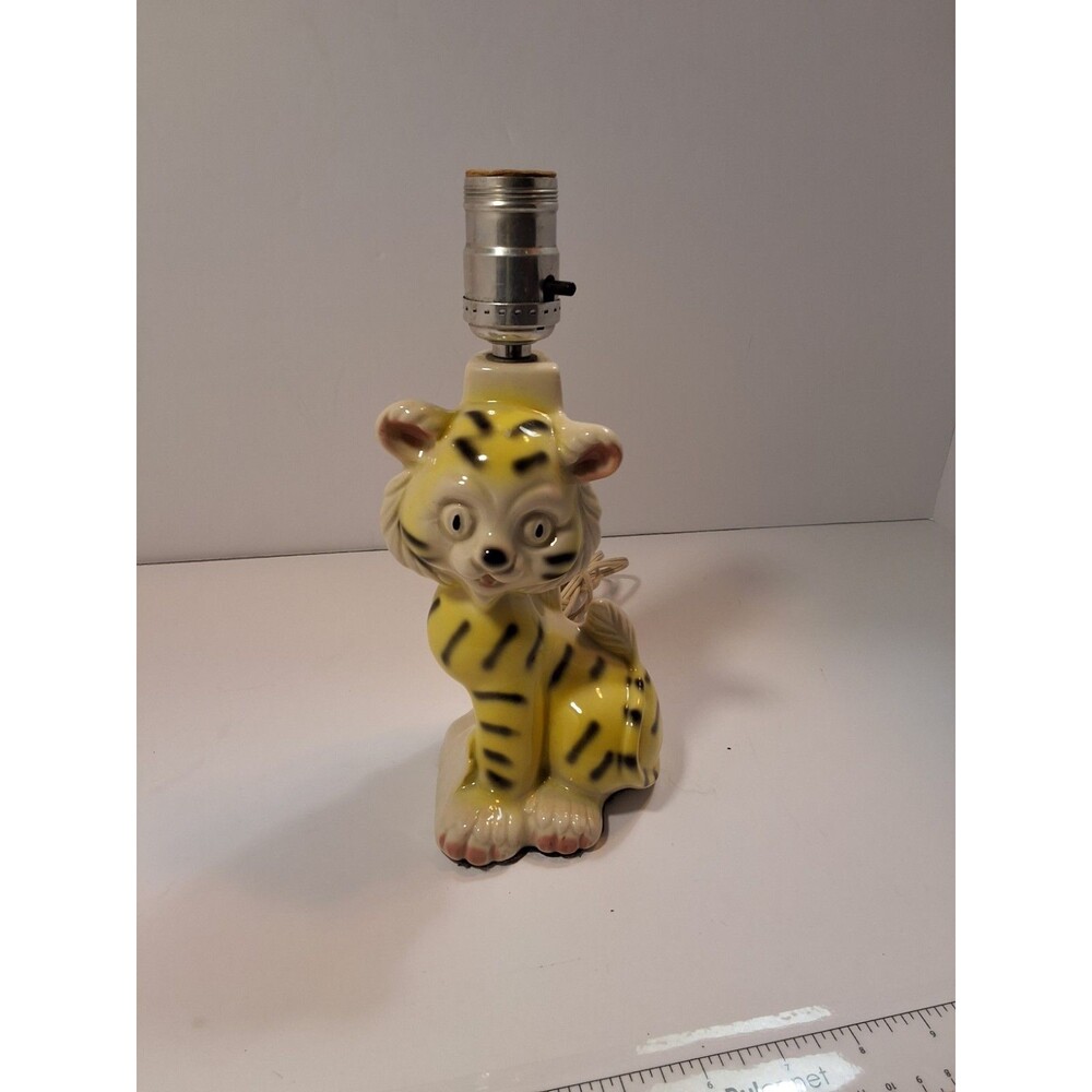 Vintage 1950s Child's Ceramic Tiger Table Lamp Whimsical Cute Mid-Century Cat